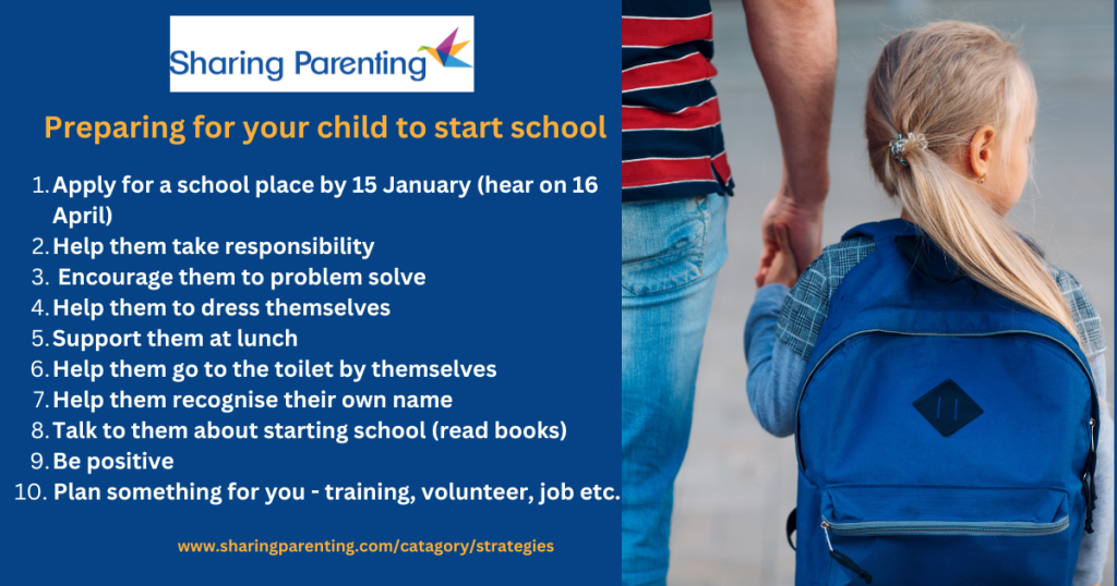 Starting school tips and child with blue backpack